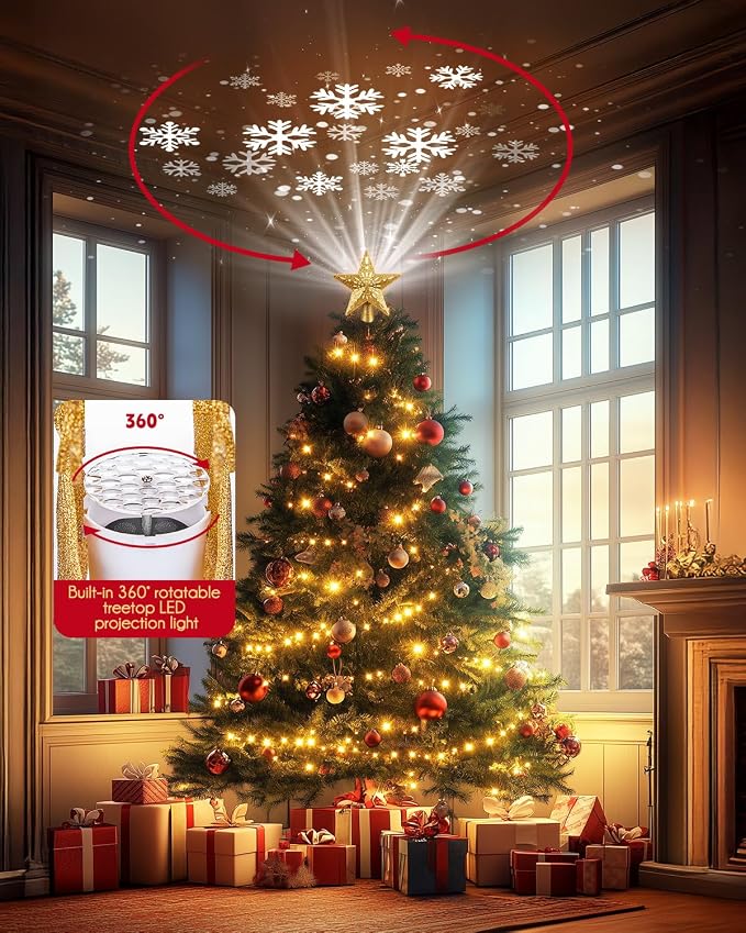 Lighted Christmas Star Tree Topper With Snowflake Projector, 10" Gold Glitter LED Treetop Light