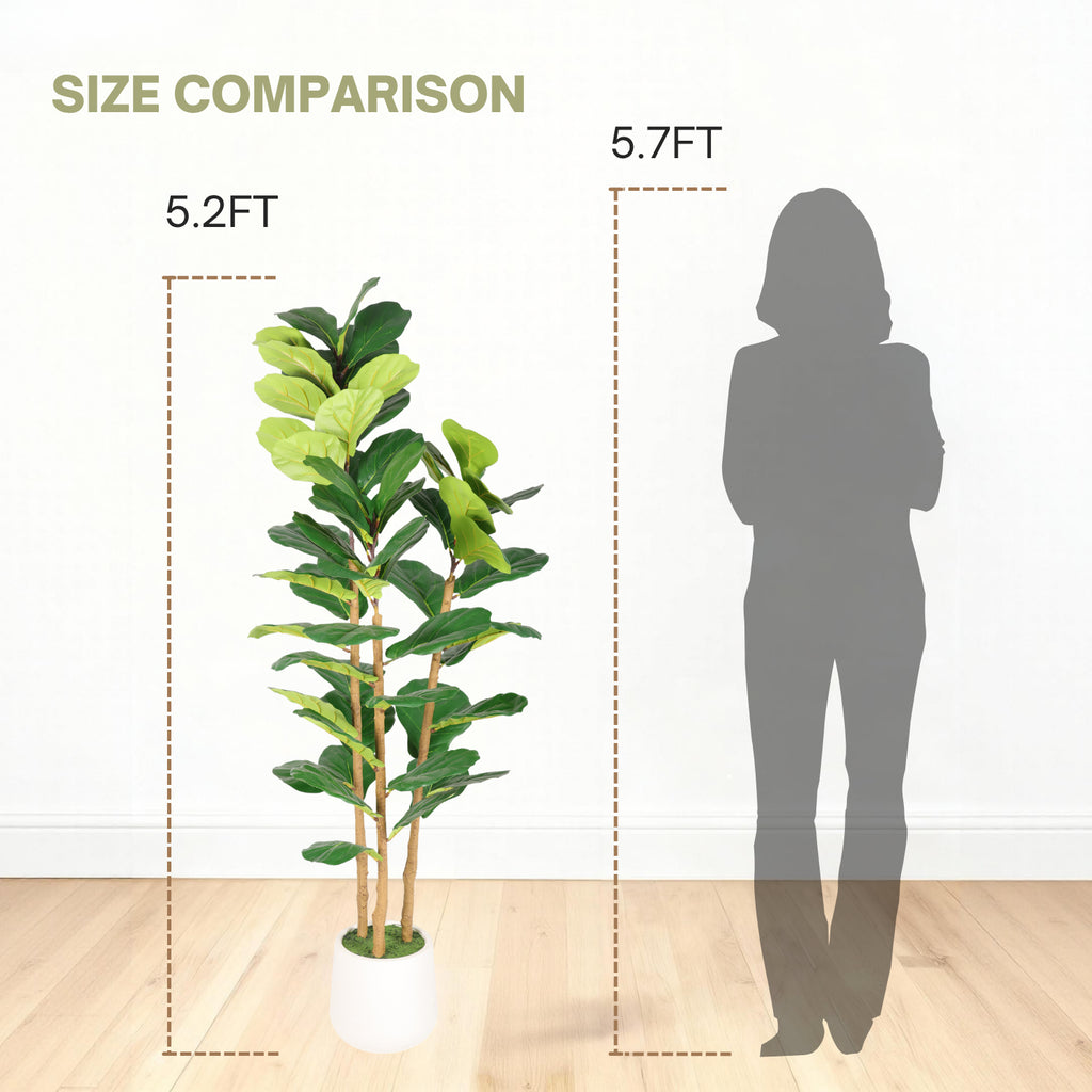 Artificial Fiddle Leaf Fig Tree 5.2 FT With White Pot, Faux Indoor Plant for Living Room, Office and Home Corner Decor