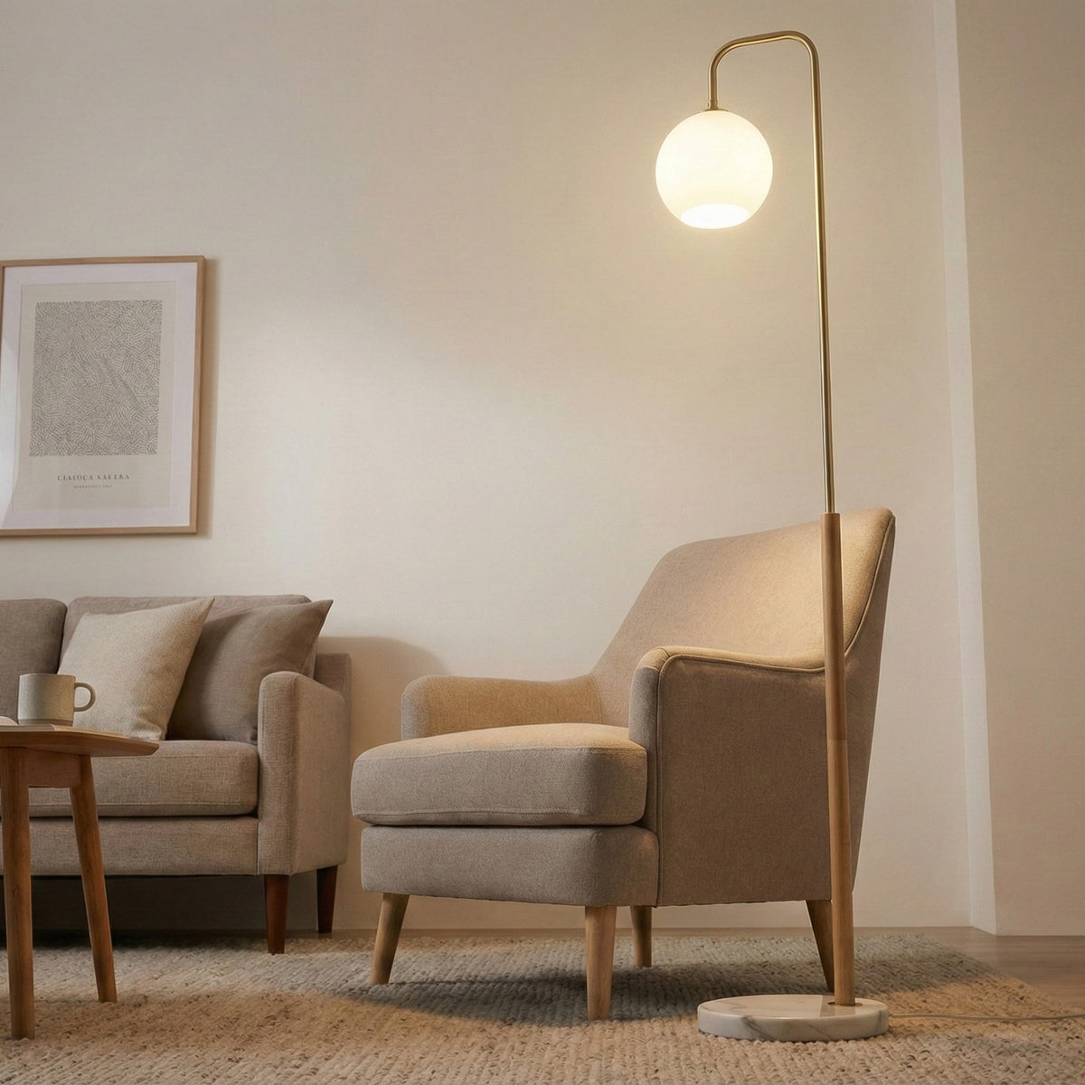 Tall Corner Floor Lamp With White Glass Globe Shade, 63-Inch Marble Base Standing Light for Living Room, Bedroom and Office