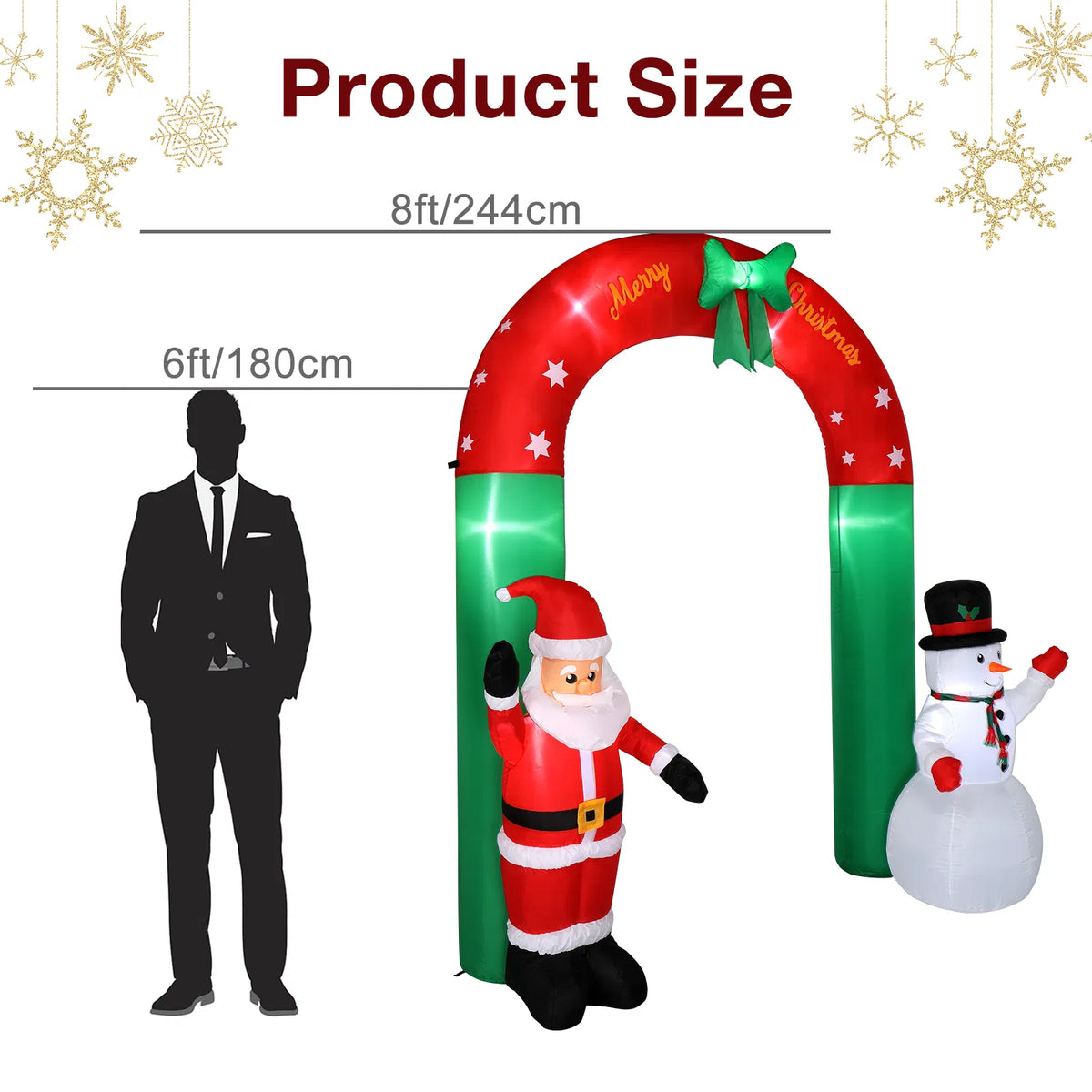 8 Ft Inflatable Christmas Archway With Santa and Snowman, 7 Lights, Red and Green Yard Decoration
