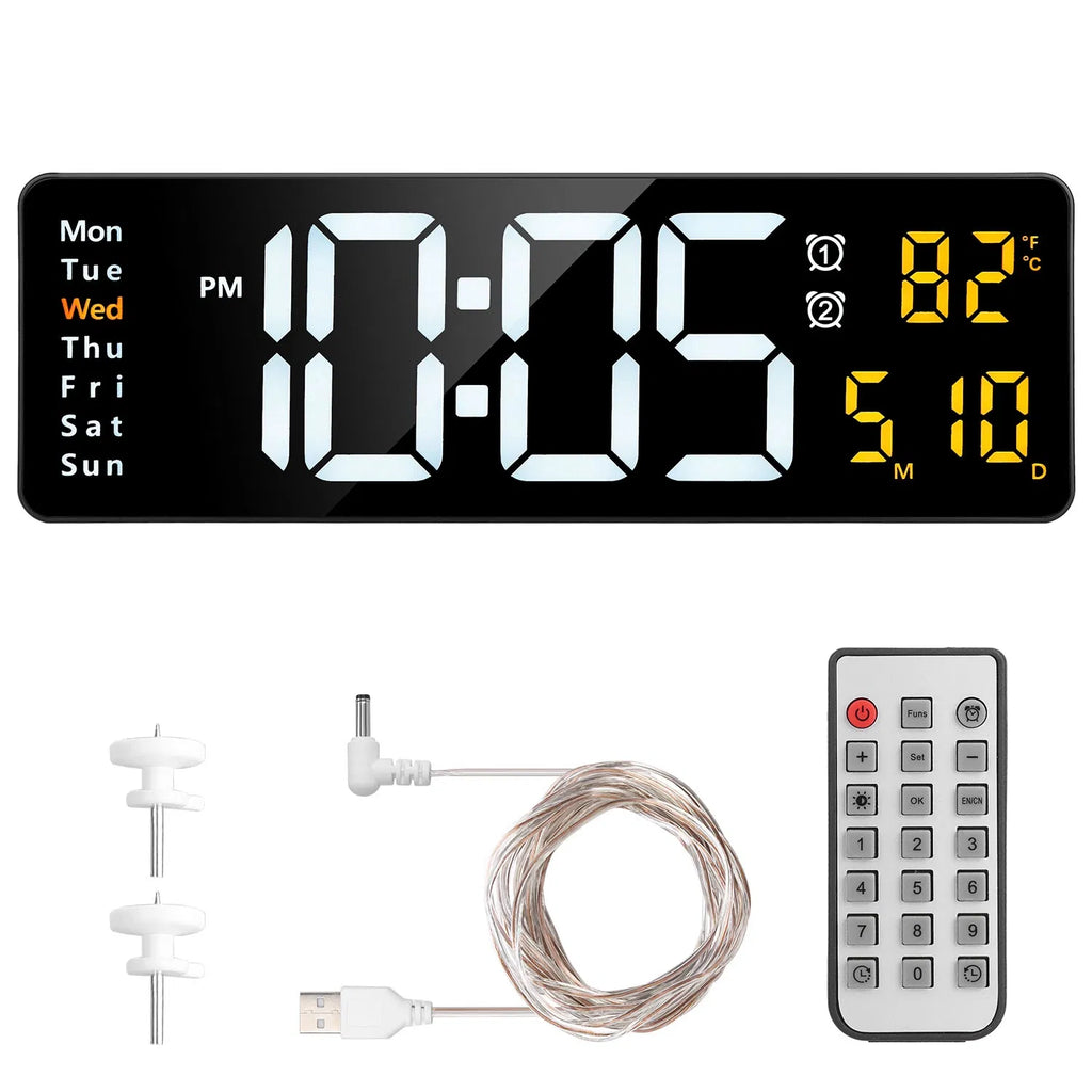 LED Digital Wall Clock, 15.7 in Black Display With Remote, 3 Alarms, Temperature and Calendar