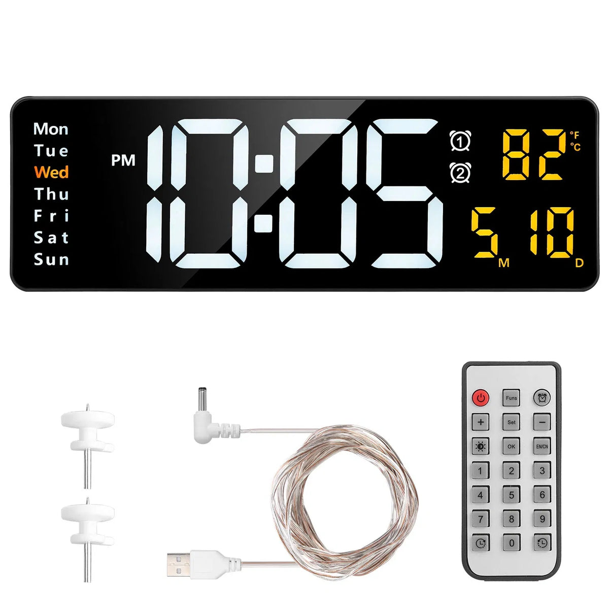 LED Digital Wall Clock, 15.7 in Black Display With Remote, 3 Alarms, Temperature and Calendar