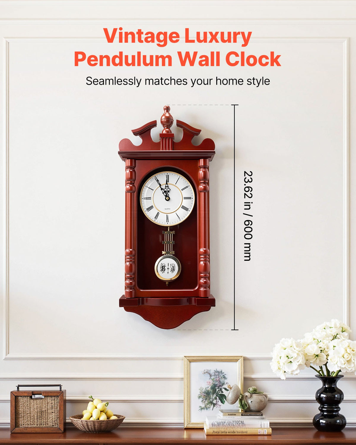 Pendulum Wall Clock, 23.2 In Wood Grandfather Clock With Quartz Movement, Cherry Tone Finish, Silent Vintage Decor for Living Room