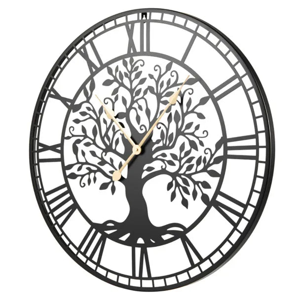 Tree of Life Wall Clock, 27" Black Metal Round Silent Non-Ticking Roman Numeral Clock