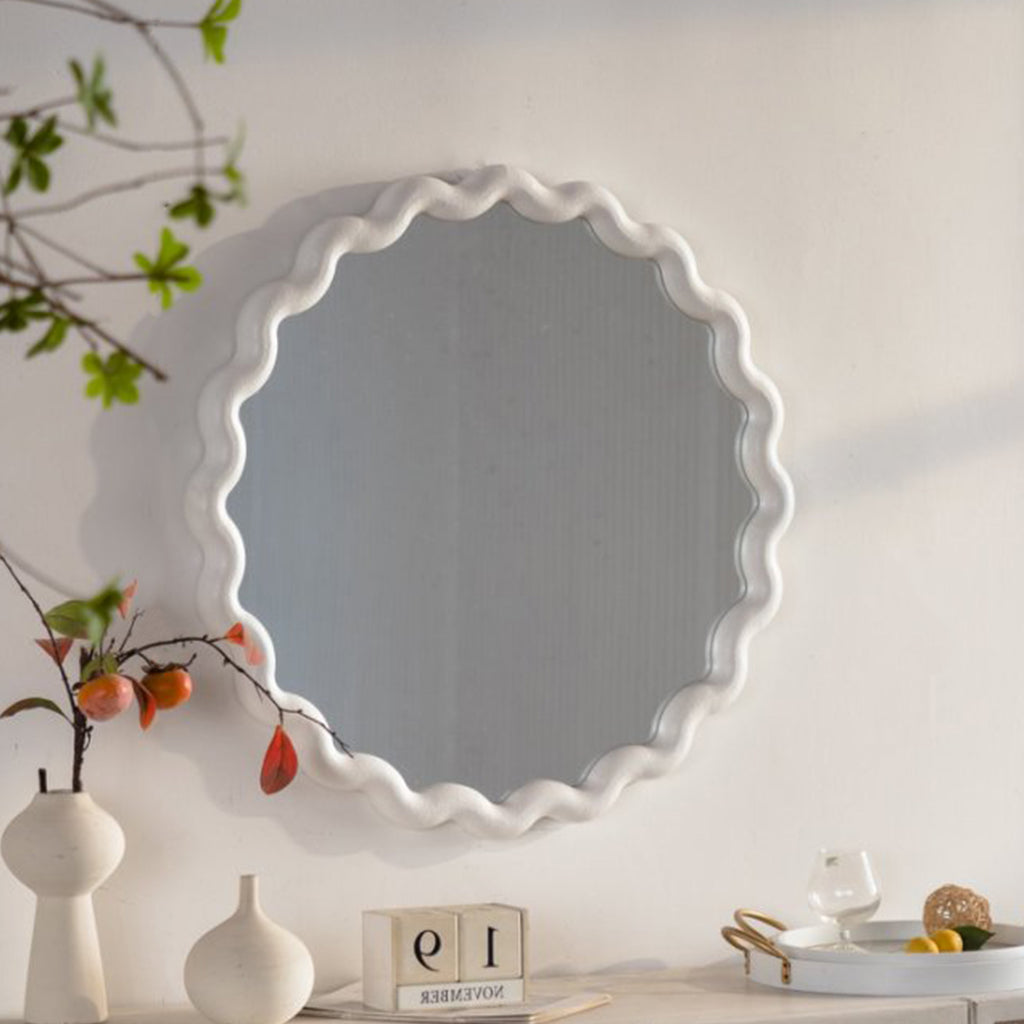White Scalloped Round Wall Mirror, 28 in. Wavy MDF Frame for Living Room, Bedroom and Bathroom Decor