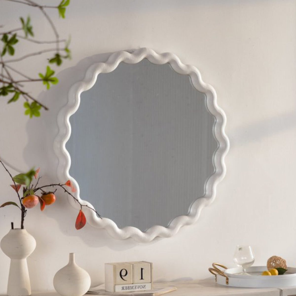 White Scalloped Round Wall Mirror, 28 in. Wavy MDF Frame for Living Room, Bedroom and Bathroom Decor