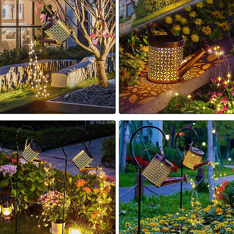 Solar Watering Can Lights With Cascading String Lights, 2 Pack Metal Garden Stake Lanterns