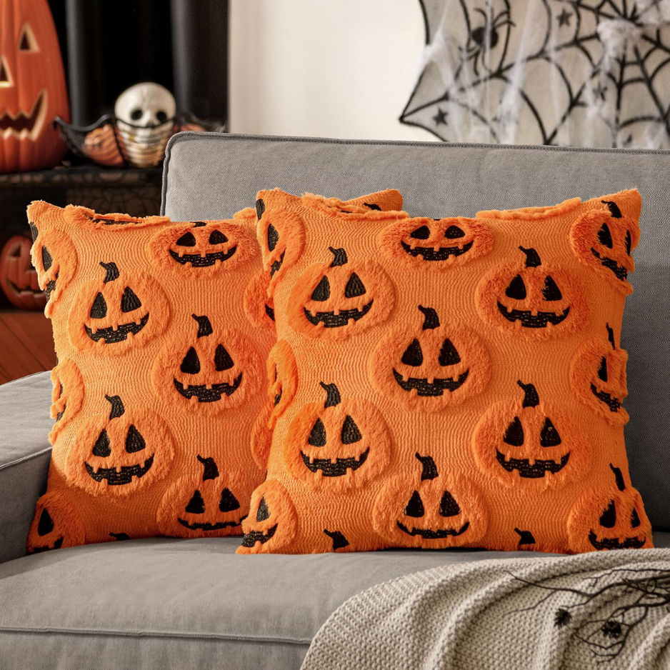 Halloween Pumpkin Throw Pillow Covers 18x18, Set of 2 Orange and Black Embroidered Faux Fur Cushion Cases