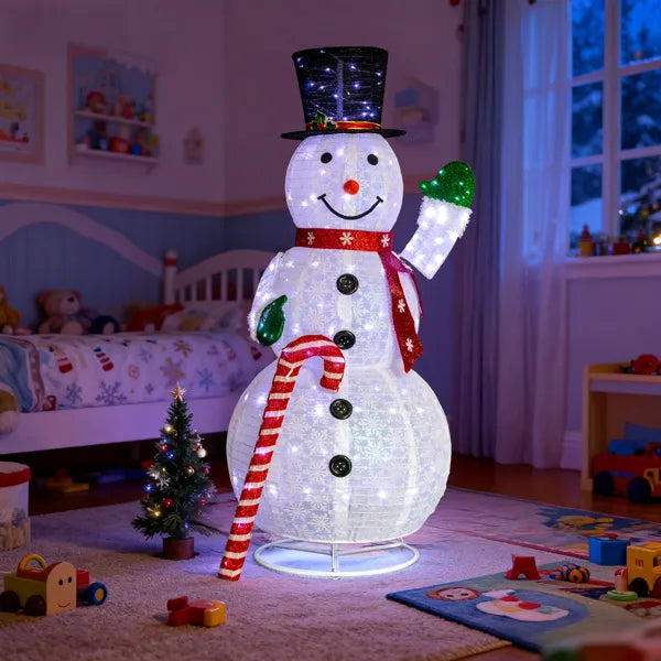 Lighted Snowman Christmas Yard Decoration, 5.7 Ft Pre-Lit Pull Up Snowman With 210 White LEDs, Top Hat, Red Scarf and Candy Cane
