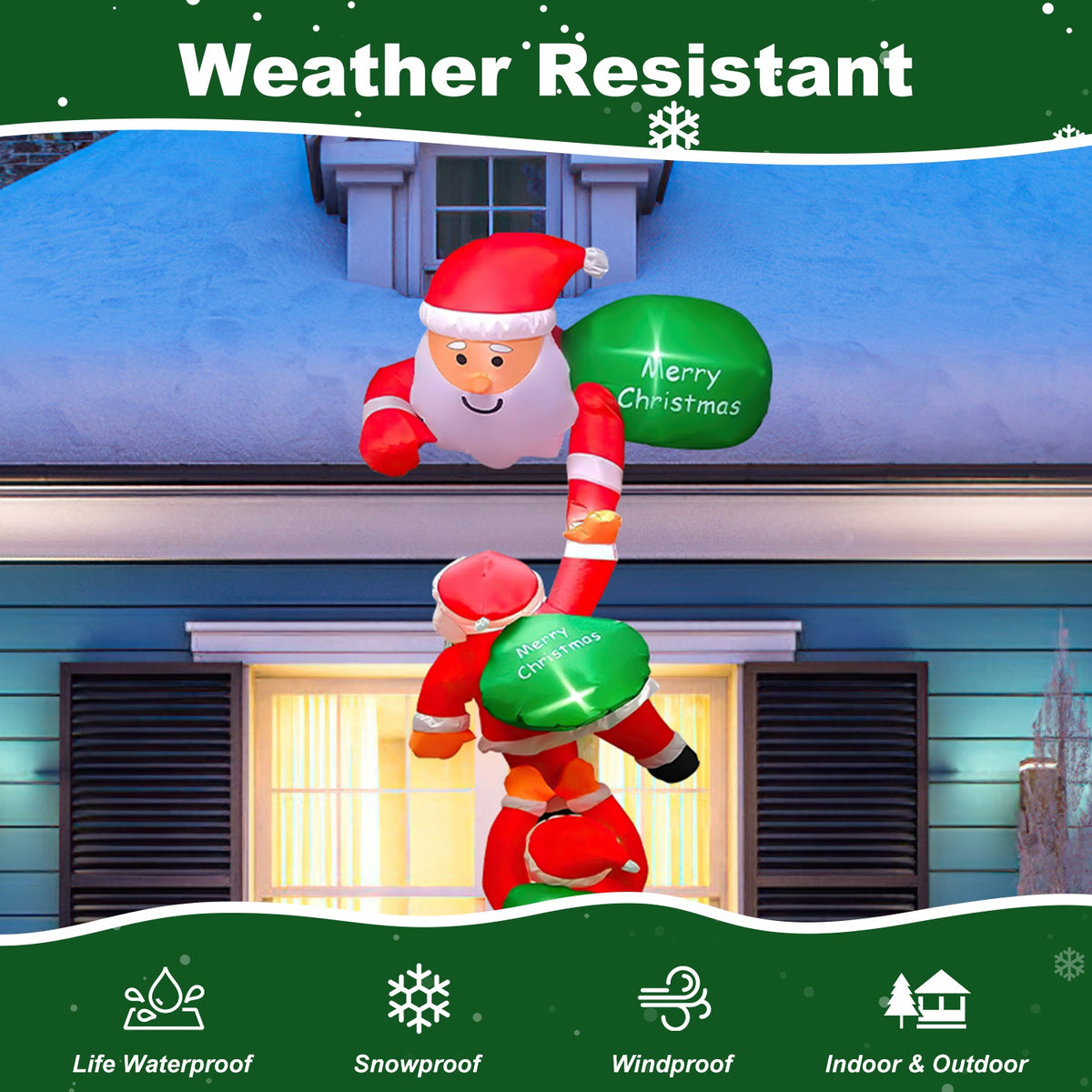 8 Ft Climbing Santa Claus Christmas Inflatable With LED Lights, Hanging Blow Up Outdoor Yard Decoration, 3 Santas and 3 Merry Christmas Bags