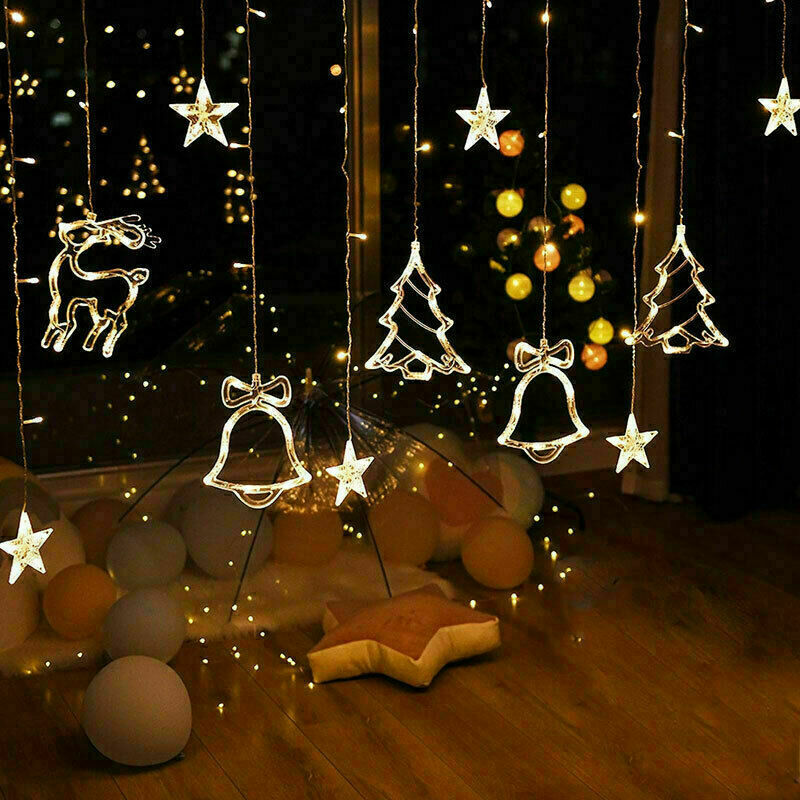 LED Christmas Curtain String Lights, Star Bell Tree and Reindeer Window Fairy Lights, Battery or USB Powered