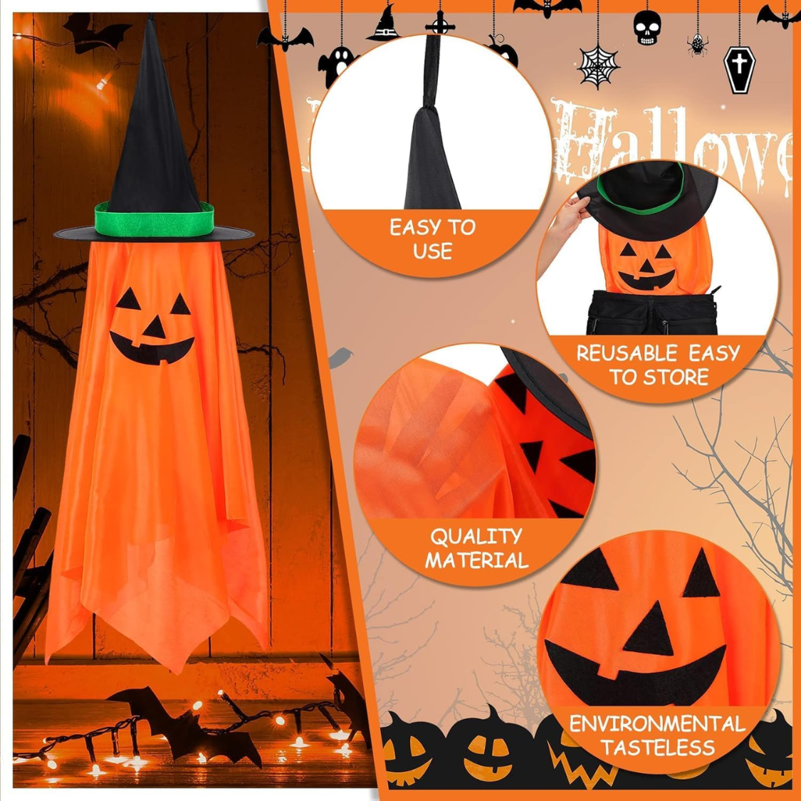 Hanging Pumpkin Witch Hat Halloween Decorations, Set of 2 Orange Jack-O'-Lantern Ornaments for Porch, Yard, Tree, and Party