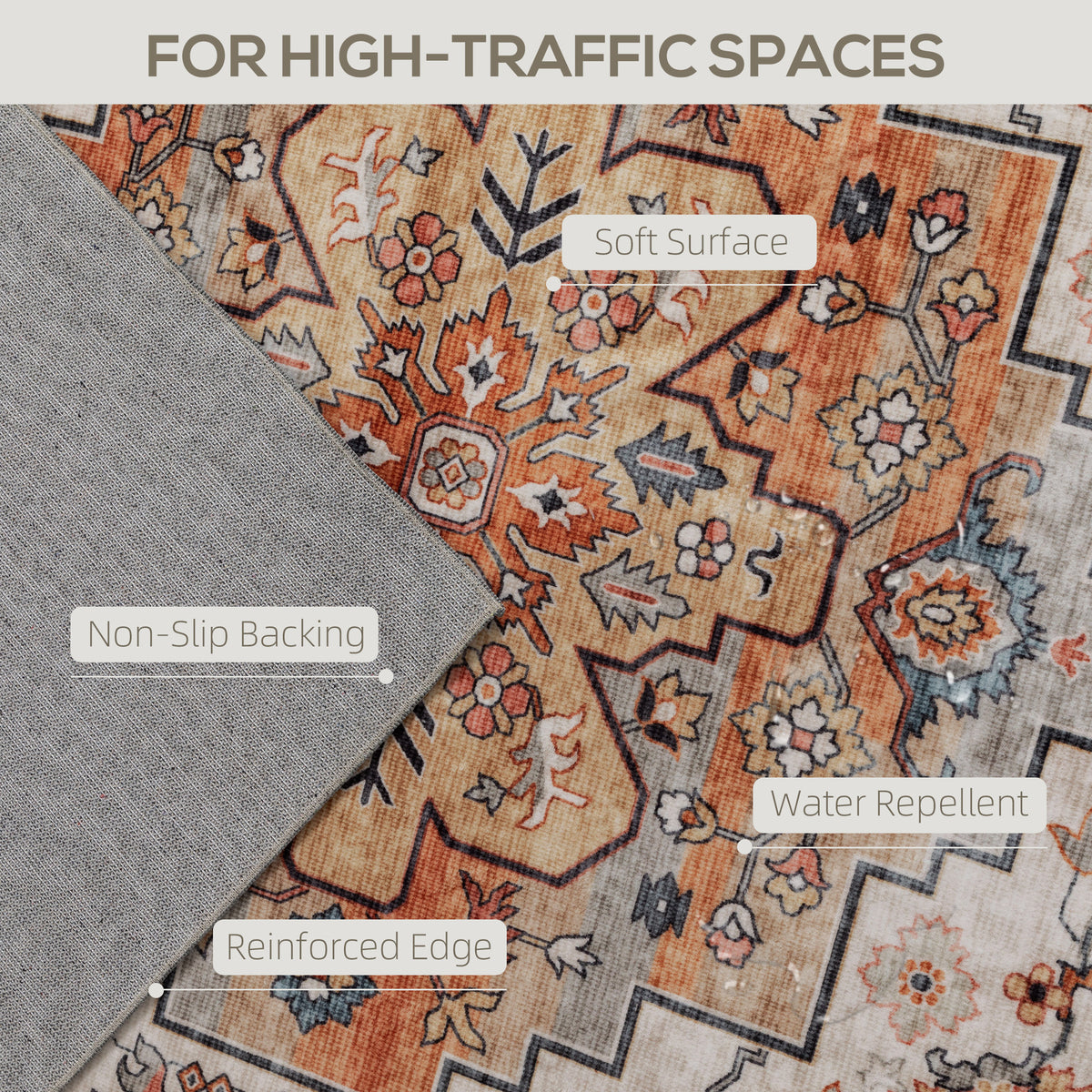 Washable Area Rug 5x7 Ft, Tawny Brown Boho Medallion Non-Slip Polyester Rug for Living Room and Bedroom