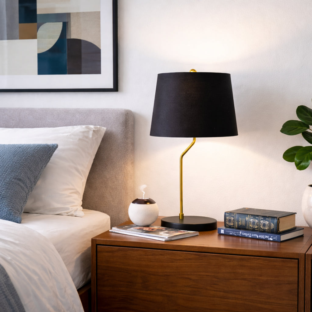 Modern Table Lamp With Black Fabric Shade and Gold Inner Lining, 21.5 In Metal Bedside Lamp