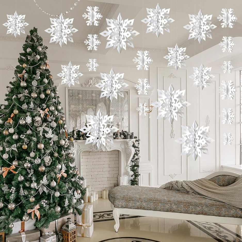 3D Paper Snowflake Hanging Decorations, 14-Piece White Christmas Set With 12 Snowflakes and 2 Garlands