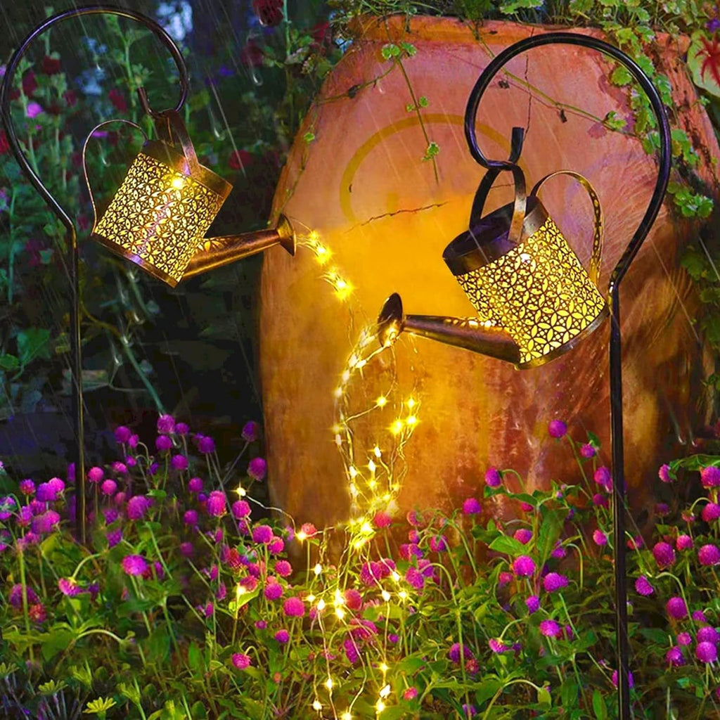 Solar Watering Can String Lights, 2 Pack Hanging Garden Lanterns With Shepherd Stakes, Warm White LED Outdoor Decor
