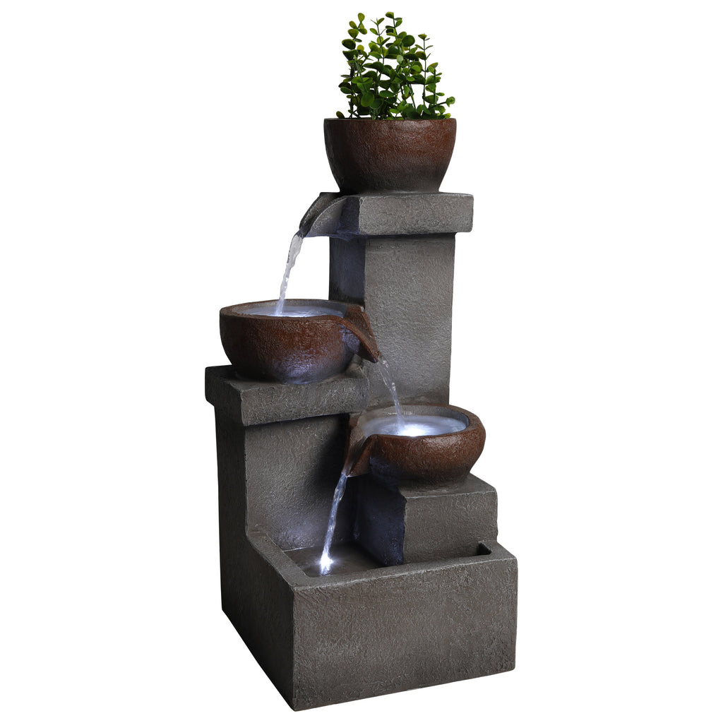 Outdoor Water Fountain With LED Lights, 23.6 in. Tiered Cascading Resin Garden Waterfall With Planter, Gray Stone Look