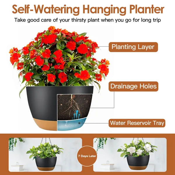 Hanging Planters With Drainage Holes, Set of 4 Self-Watering Plastic Flower Pots, 9.64 In Black and Tan