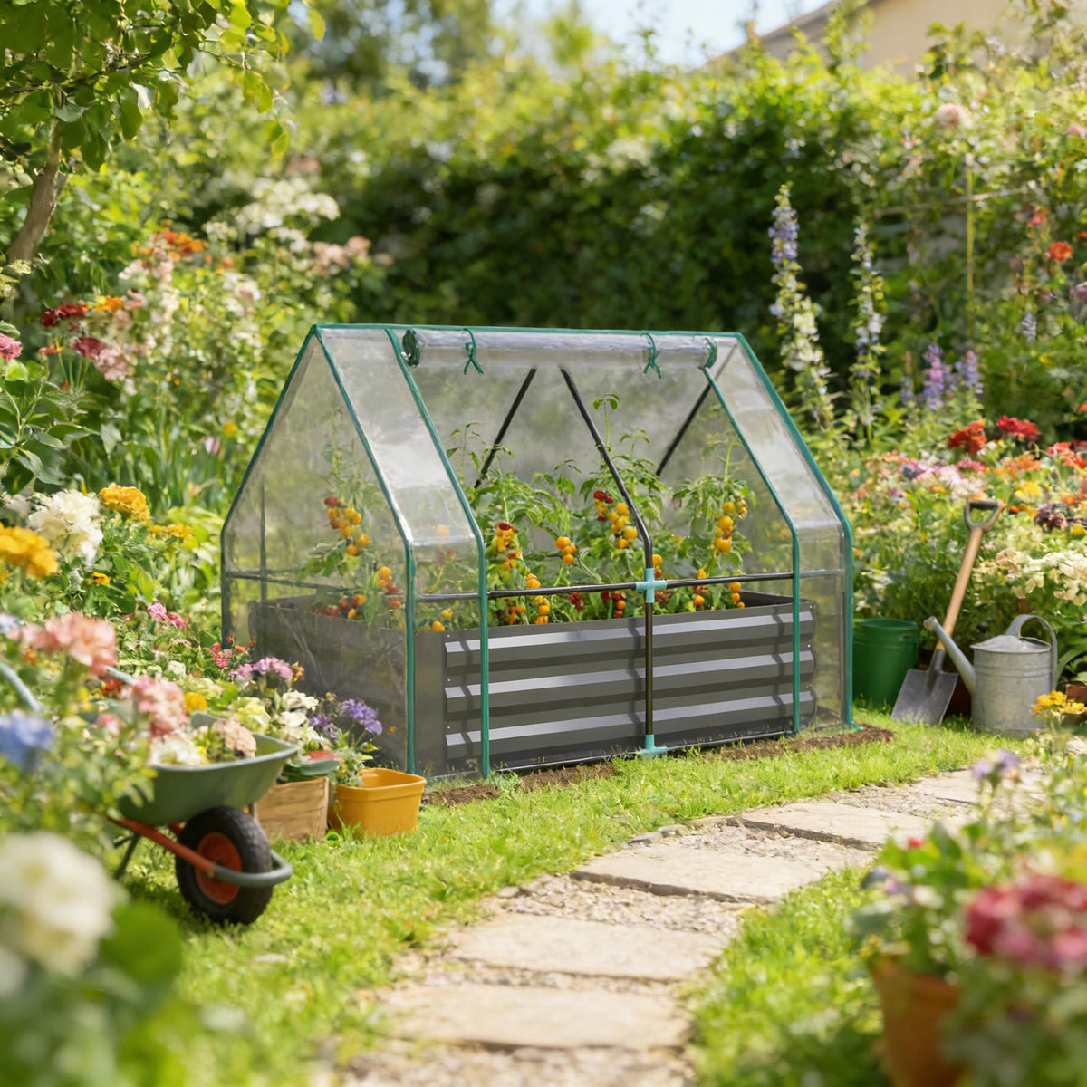 2-in-1 Raised Garden Bed With Mini Greenhouse Cover, Galvanized Steel Planter, 50 x 37.4 x 36.2 Inches, Clear and Dark Gray