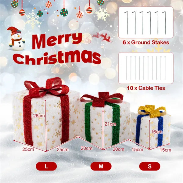 Lighted Christmas Gift Boxes, Set of 3 Battery-Operated Snowflake Present Decorations With 48 Warm White Lights and Glitter Bows