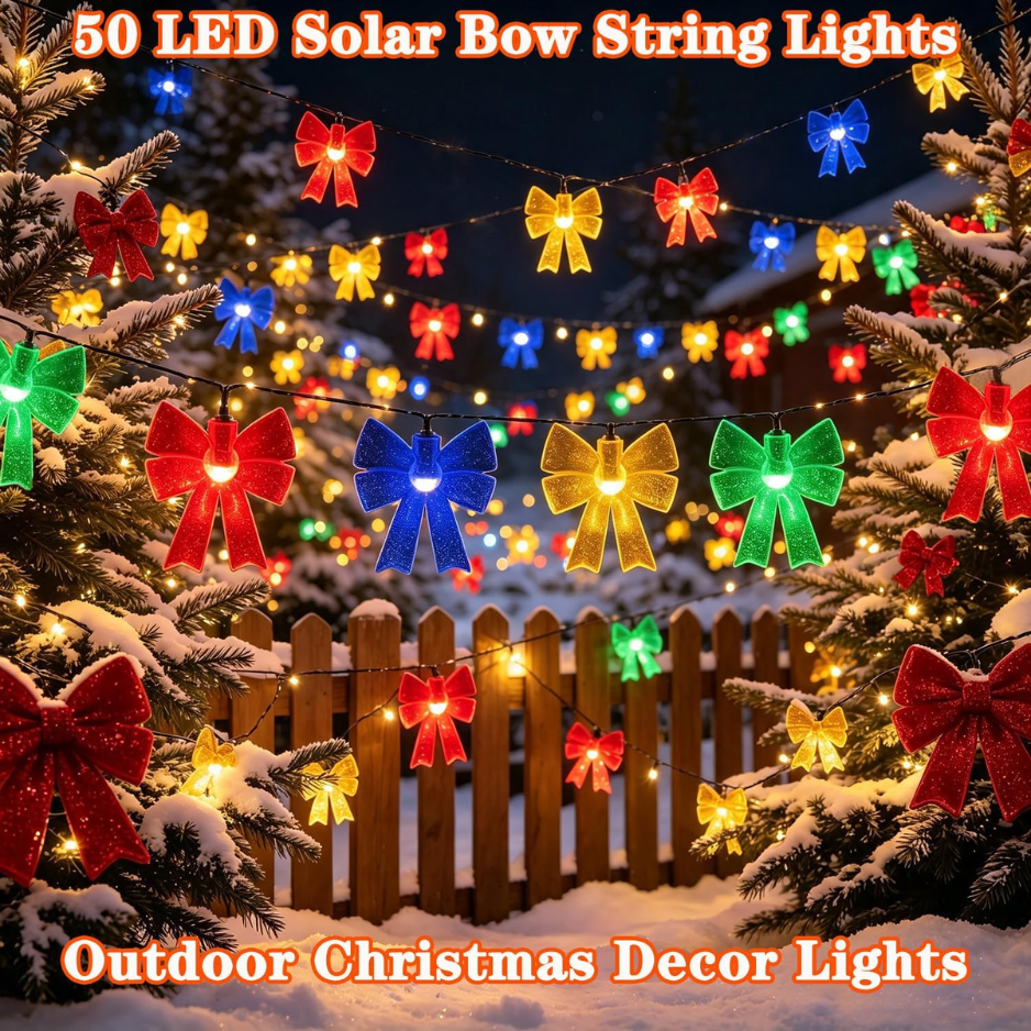 Solar Bow String Lights, 50 LED Multicolor Christmas Fairy Lights, 30.68 ft Waterproof Outdoor Garden Decor with 8 Modes