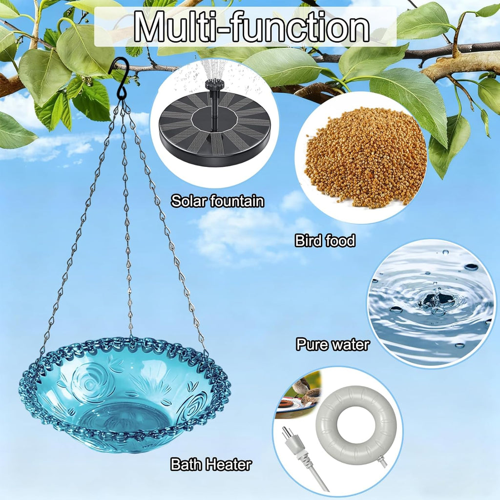 Hanging Bird Bath and Feeder Bowl, Embossed Floral Plastic Birdbath With Metal Chain for Garden and Yard, Grey or Purple