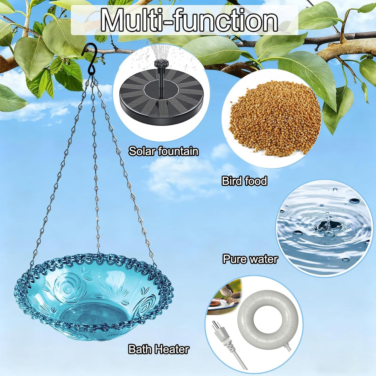 Hanging Bird Bath and Feeder Bowl, Embossed Floral Plastic Birdbath With Metal Chain for Garden and Yard, Grey or Purple
