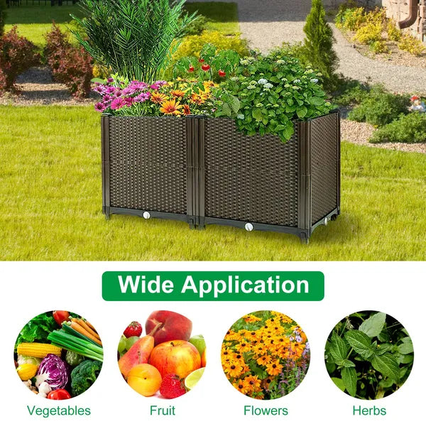 Raised Garden Bed With Self-Watering Tray, Brown Rattan-Look Planter Box for Patio, Balcony, Vegetables and Herbs