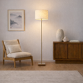 Minimalist Floor Lamp With Neutral Drum Shade, Slim 56" Metal Standing Lamp With Marble and Rubber Wood Base for Living Room