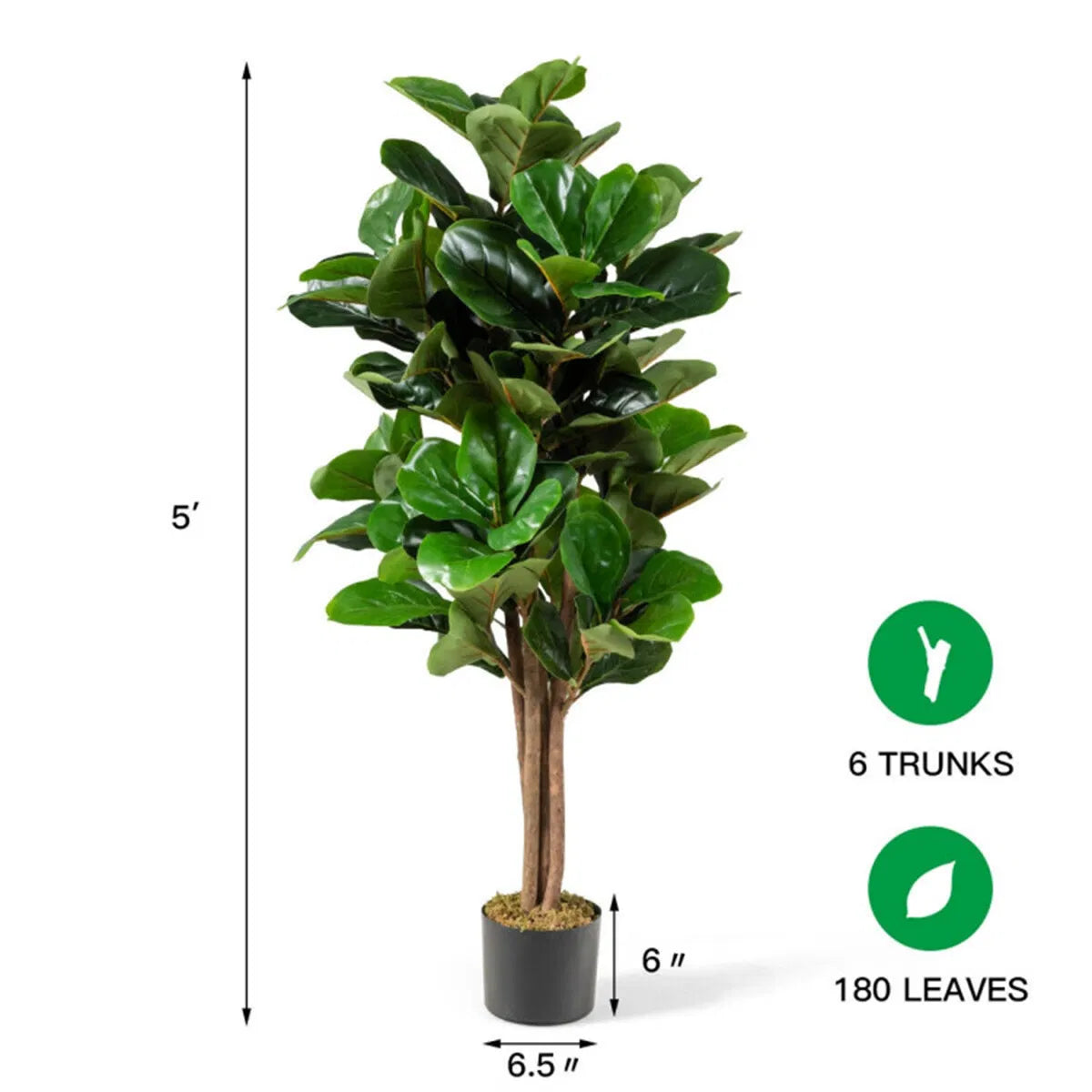 5 Ft Artificial Fiddle Leaf Fig Tree with Black Planter, 180 Green Leaves, Faux Indoor Outdoor Potted Tree