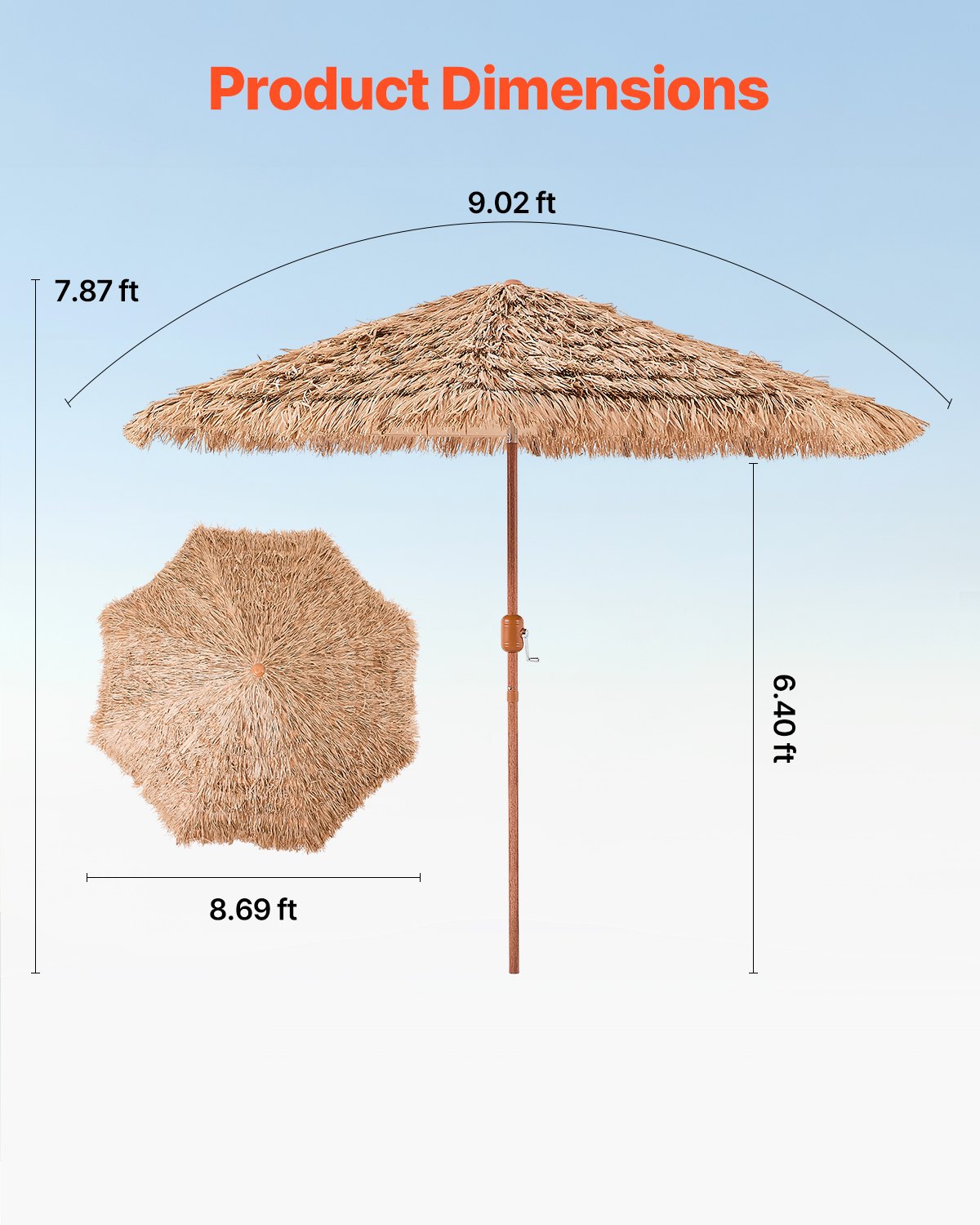 Tiki Thatched Patio Umbrella, 9 Ft Tilting Poolside and Beach Umbrella in Natural