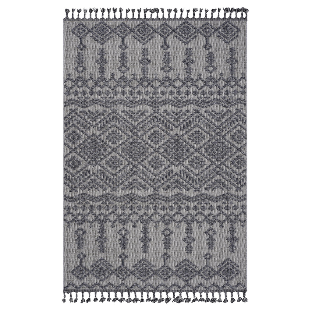 Indoor Outdoor Area Rug, White and Gray Tribal Diamond Pattern, 5x7 Machine-Woven Polypropylene With Tassels