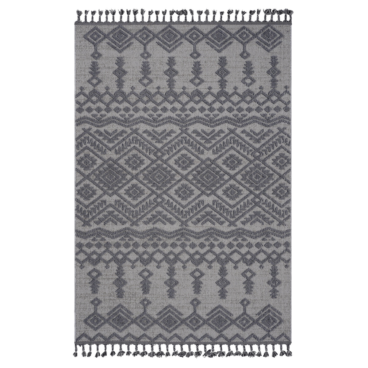 Indoor Outdoor Area Rug, White and Gray Tribal Diamond Pattern, 5x7 Machine-Woven Polypropylene With Tassels