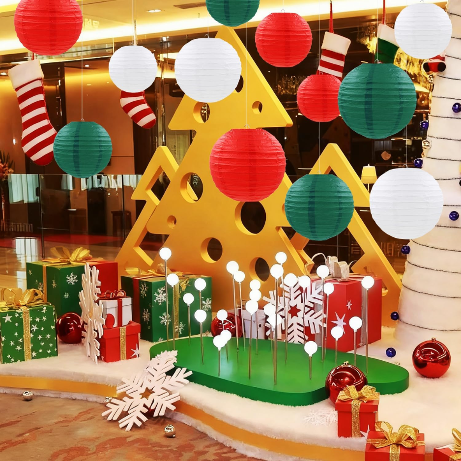 Christmas Paper Lanterns, 12 Pack Red Green White Hanging Lanterns in 4 Sizes for Holiday Party Decor