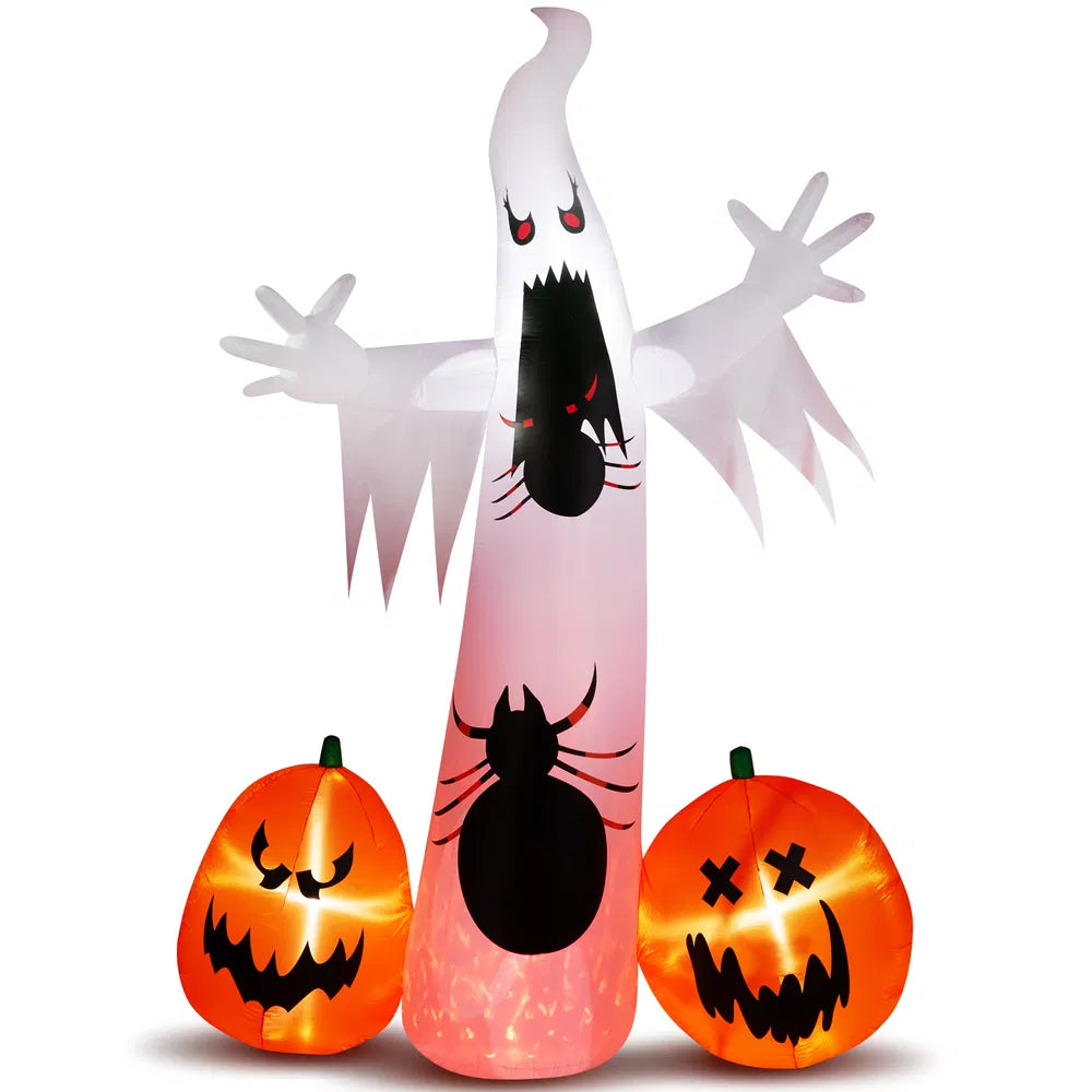 11.8 Ft Halloween Inflatable Ghost With Spider and Pumpkins, Lighted Outdoor Yard Decoration
