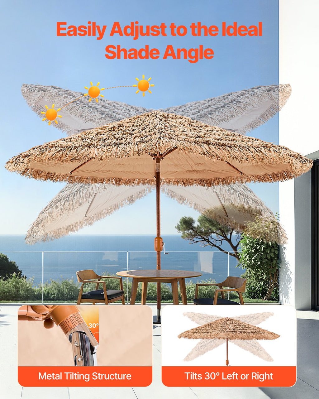 Tiki Thatched Patio Umbrella, 9 Ft Tilting Poolside and Beach Umbrella in Natural