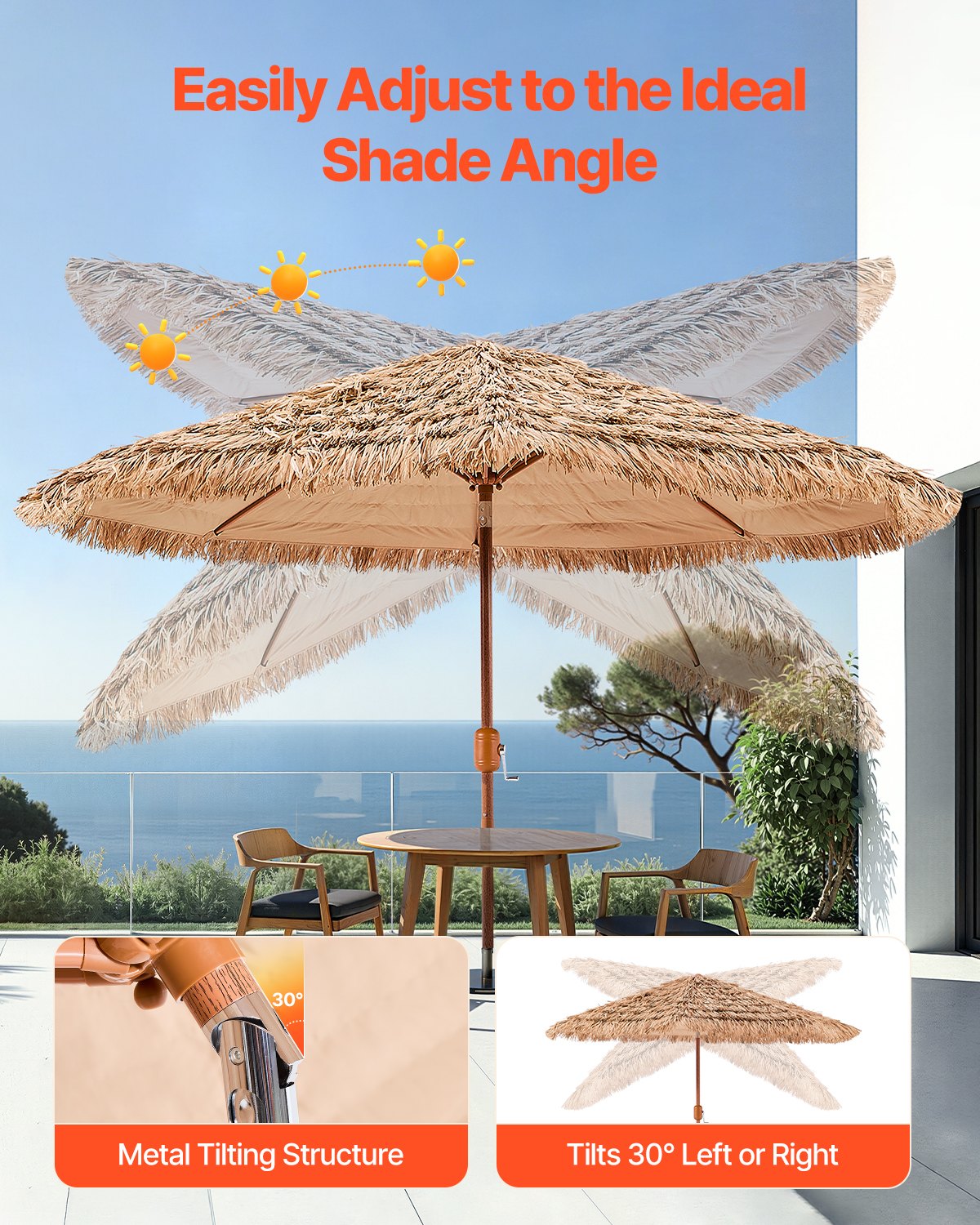 Tiki Thatched Patio Umbrella, 9 Ft Tilting Poolside and Beach Umbrella in Natural