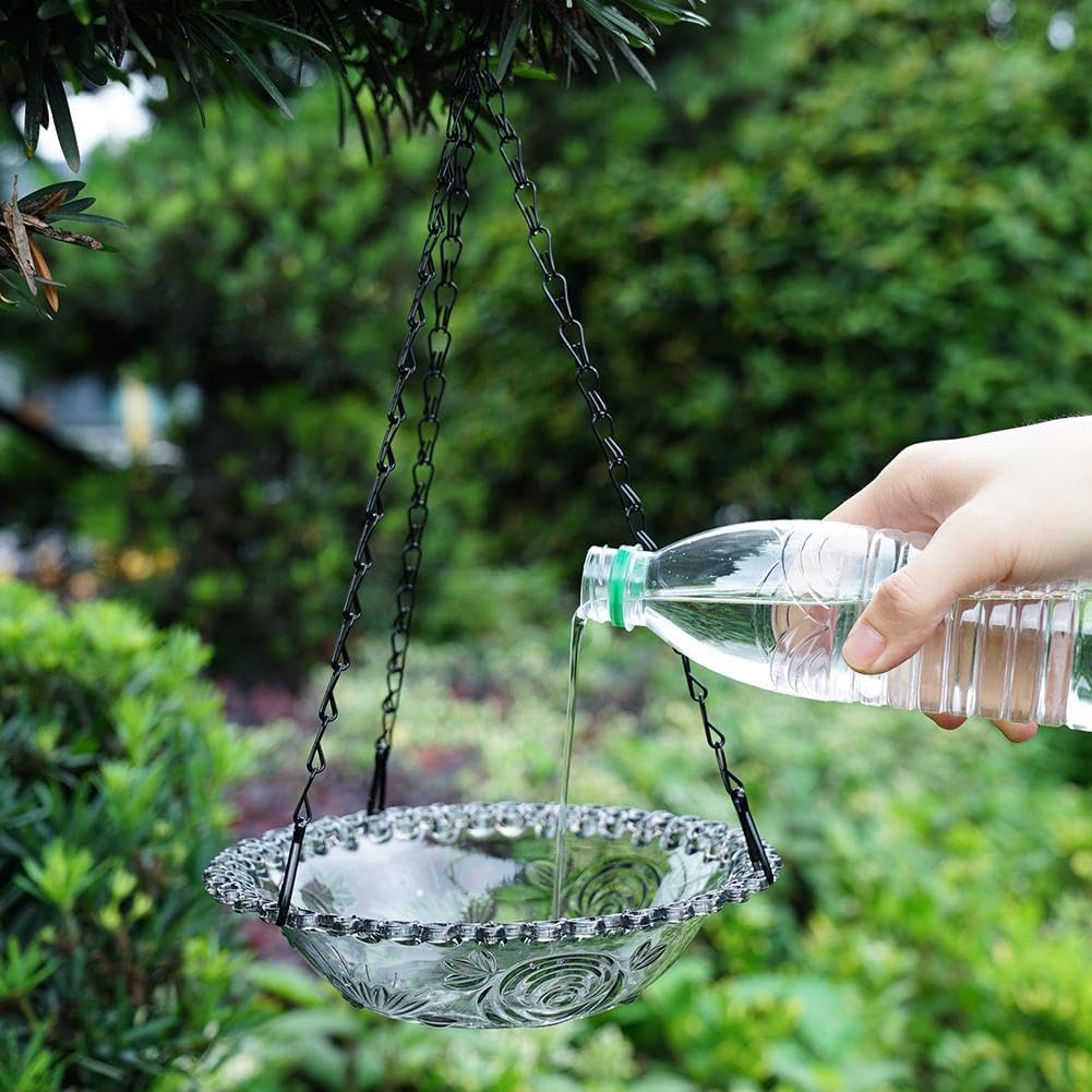Hanging Bird Bath and Feeder Bowl, Embossed Floral Plastic Birdbath With Metal Chain for Garden and Yard, Grey or Purple