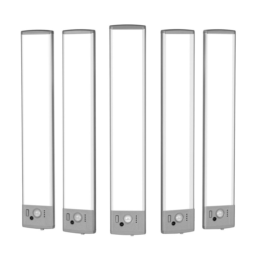 Five silver LED motion sensor under-cabinet light bars