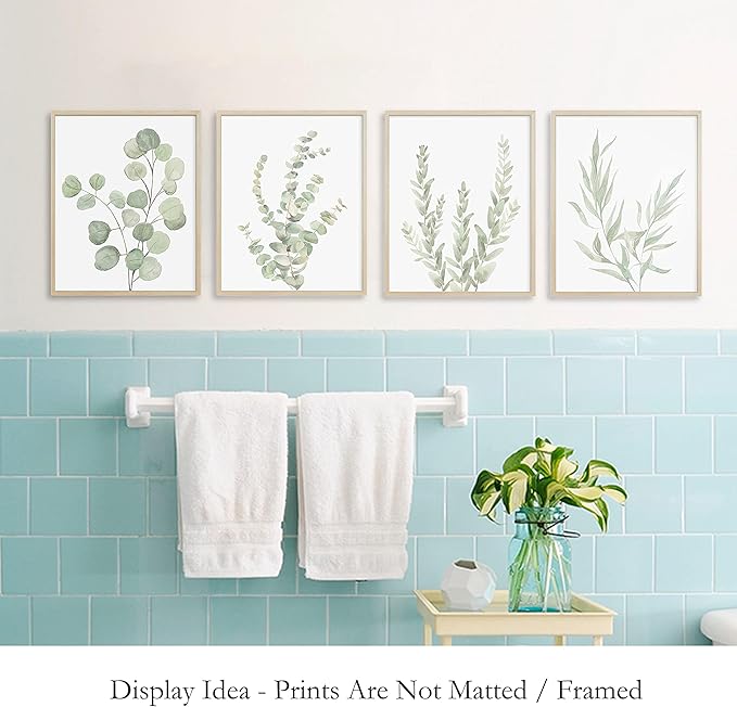 Botanical Eucalyptus Canvas Wall Art, Set of 4 Framed 8x10 Sage Green Prints for Bathroom and Bedroom