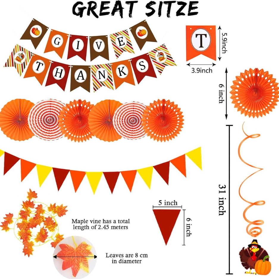 Thanksgiving Party Decoration Set, Give Thanks Banner, Paper Fans, Maple Leaf Garlands, Swirl Streamers and Triangle Bunting