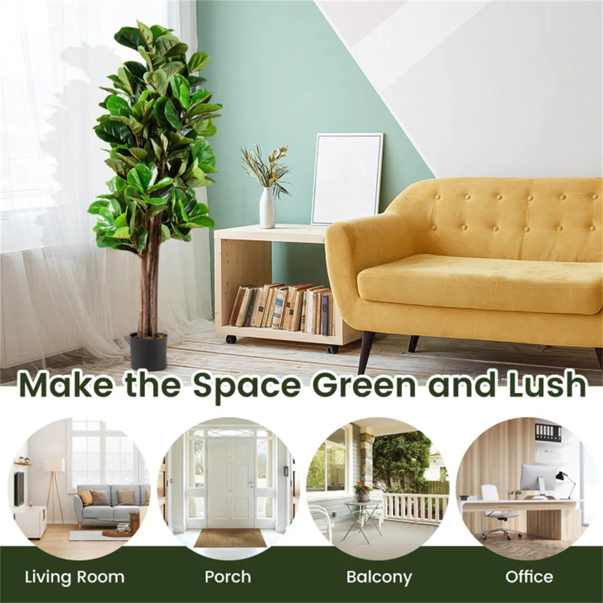 5 Ft Artificial Fiddle Leaf Fig Tree with Black Planter, 180 Green Leaves, Faux Indoor Outdoor Potted Tree