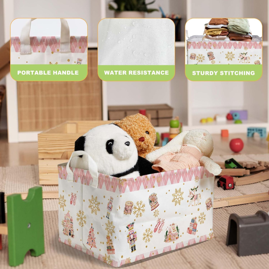 Christmas Nutcracker Storage Basket, Pink Foldable Fabric Bin With Handles, 15 x 10 x 8.6 In Large Square Laundry Hamper