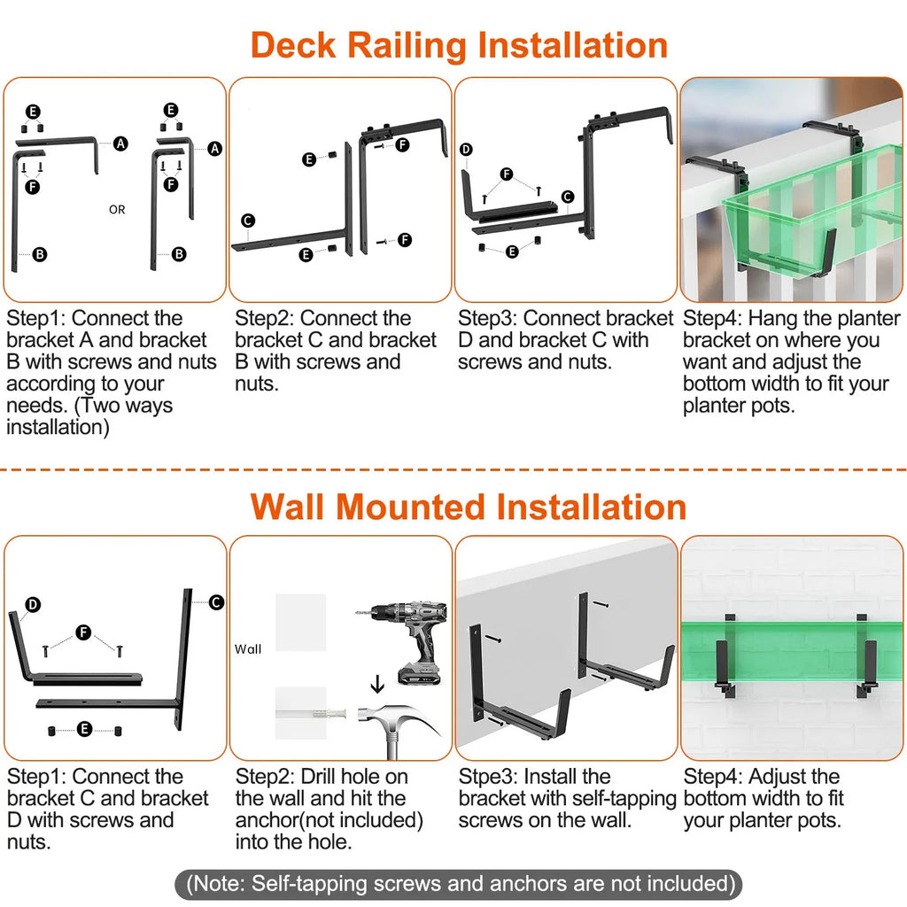Adjustable Planter Box Brackets, Set of 4 Black Iron Railing Hangers for Window Boxes, Deck and Balcony Rails, Holds 45 lbs