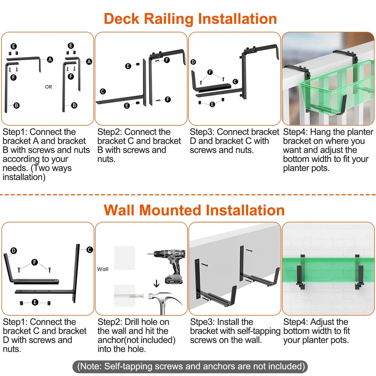 Adjustable Planter Box Brackets, Set of 4 Black Iron Railing Hangers for Window Boxes, Deck and Balcony Rails, Holds 45 lbs