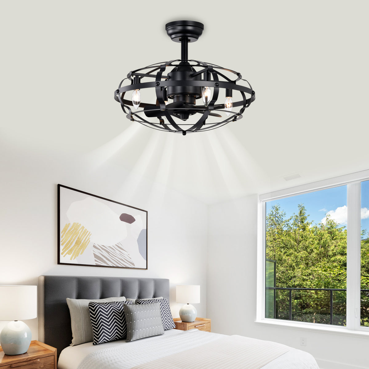 Caged Ceiling Fan With Lights, 20.63 Inch Matte Black Farmhouse Fandelier With Remote, 5 Blades, 4 Lights