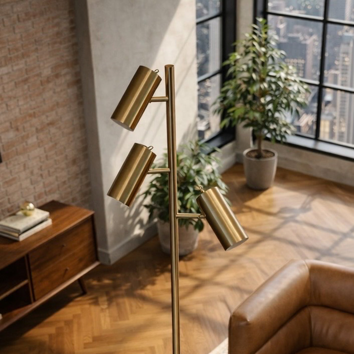 Gold Floor Lamp With 3 Adjustable Spotlights, Brass Metal Tree Lamp With Cone Base, 63 in.