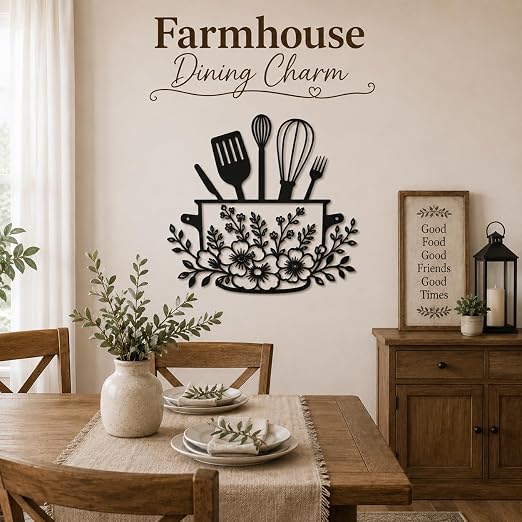 Farmhouse Metal Kitchen Wall Decor, Black Floral Utensil Wall Art, 11.3" x 11.4" Rustic Hanging Sign for Dining Room and Coffee Bar