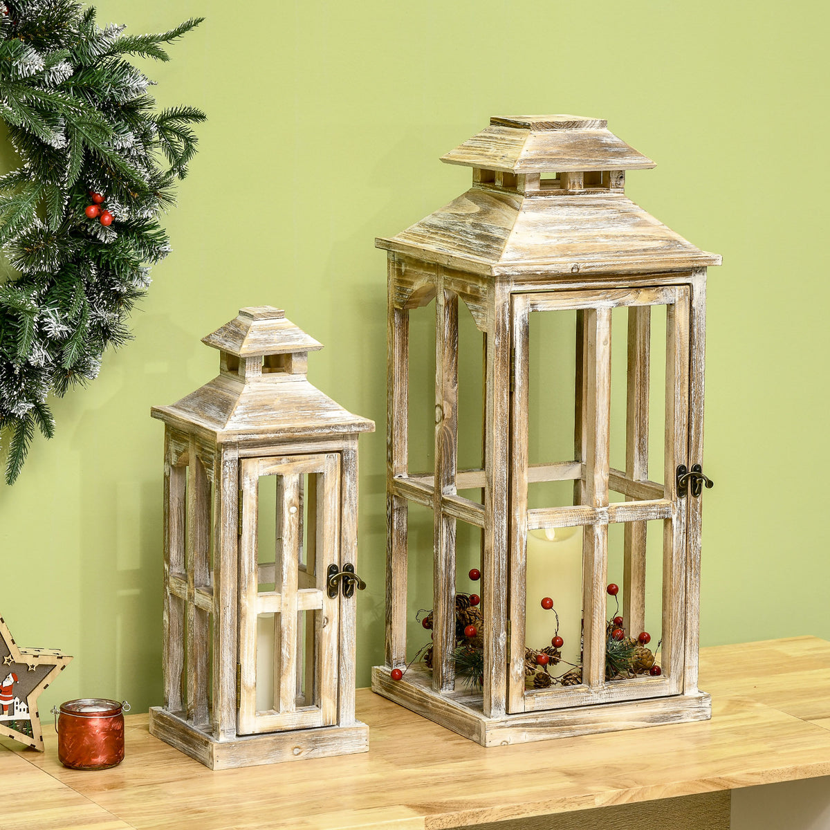 Rustic Wooden Candle Lanterns, Set of 2, Whitewashed Fir Wood Decorative Floor Lanterns for Indoor and Covered Outdoor Use, Natural