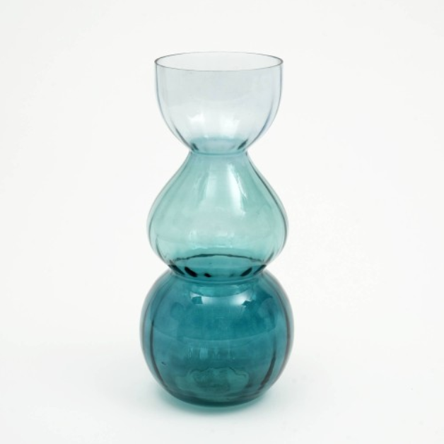 Green Glass Bauble Vase, Handblown Stacked Bubble Decorative Vase, 6.5" x 14" Teal Statement Centerpiece
